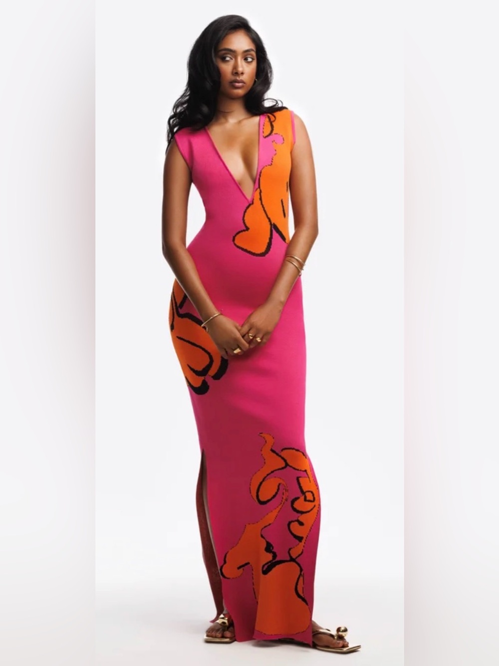 Hanifa Pink Maxi Dress with Orange Graphic Accents